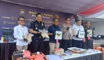 Polda Jatim menunjukkan barang bukti penyelundupan gading gajah, BBL, dan kupu-kupu di Bandara Juanda. (Foto: Humas Polda Jatim)