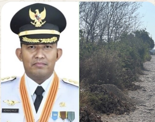 Dok. Foto jalan depan PLN Raas yang rusak parah dan foto Bupati Sumenep 